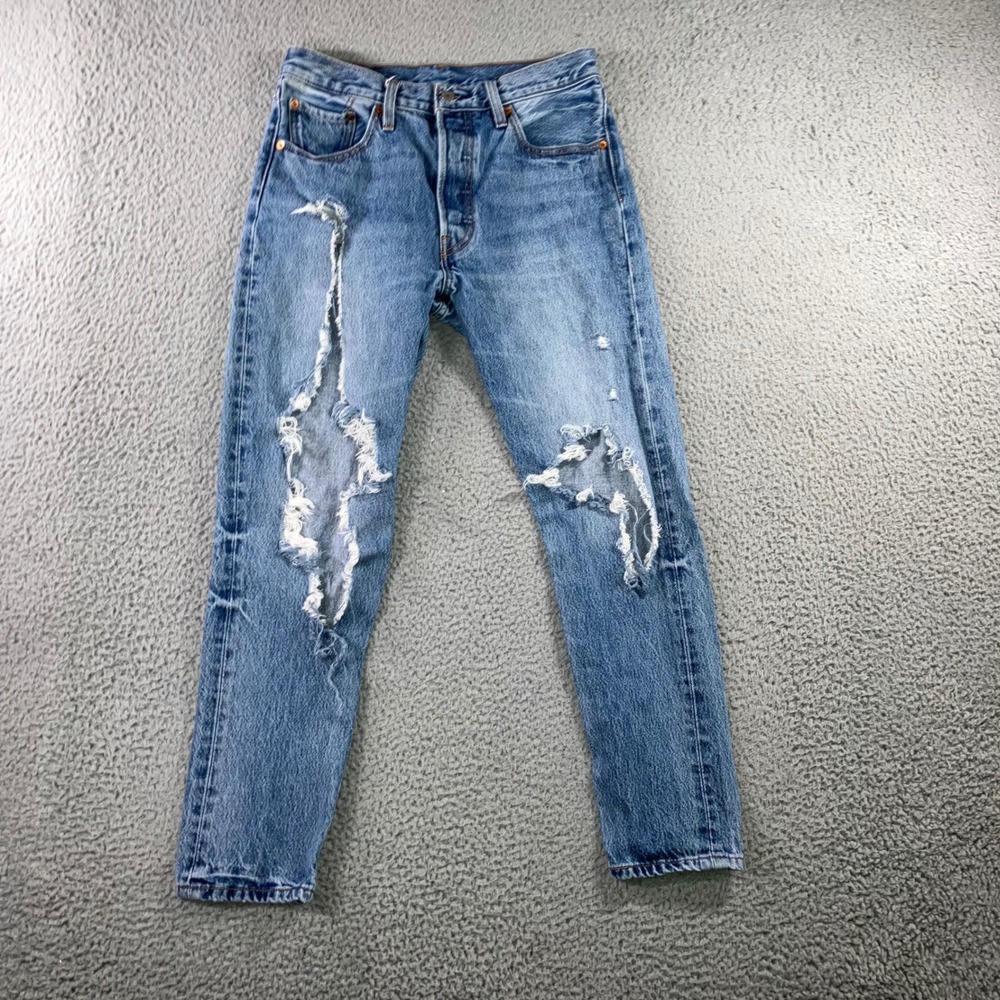 Levi 501 Original Fit Jeans Women 28x28 Blue Distressed Button Fly Fit 28x27